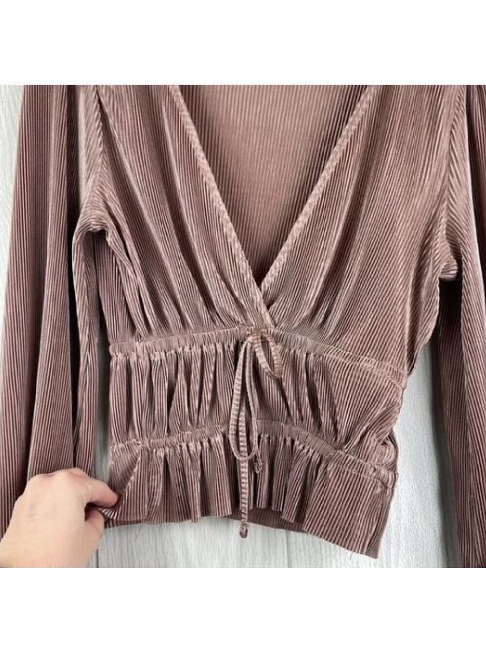 Zara Mocha Shimmery Plunge Neck Ruffle Hem Tie Front Balloon Sleeve Blouse. - Picture 5 of 16